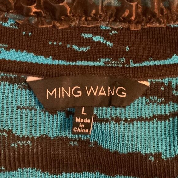 Ming Wang Cardigan Jacket Teal Blue Brown Ruffle Trim Large - Picture 6 of 8
